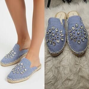 Patricia Green Gingham Glam Jewel Crystal Slip-On Mule Espadrilles in Blue